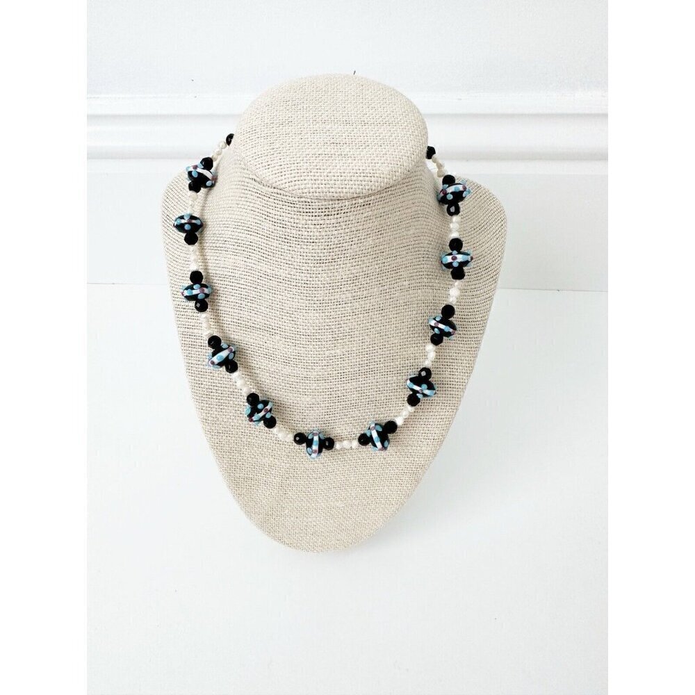 NWT Genuine Murano Glass, Pearls & Crystal Beads Necklace Black White